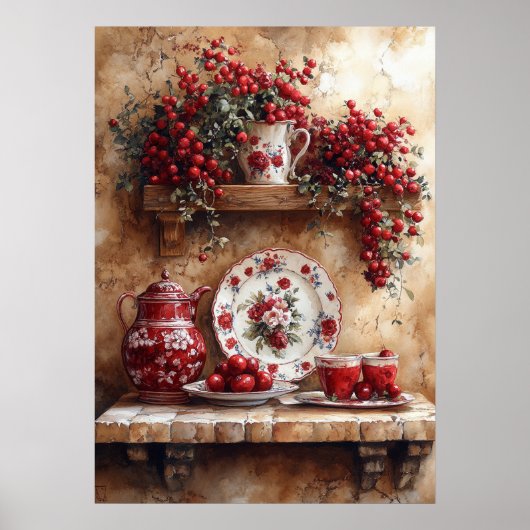 Rode en witte gerechten, koffiepot Country Shelf Poster (Voorkant)
