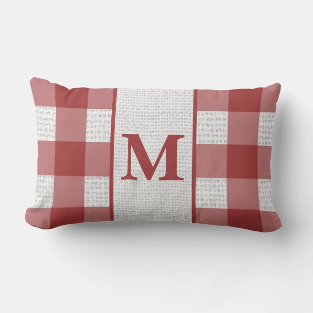 Rode en witte geruite monogramme kussensteun kussen (Voorkant)