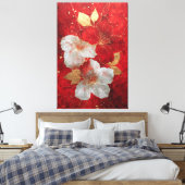 Rode en Witte Gouden Bloem Abstracte Wandkunst Canvas Afdruk (Insitu (Slaapkamer))