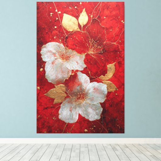 Rode en Witte Gouden Bloem Abstracte Wandkunst Canvas Afdruk (Insitu (Houten vloer))