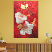 Rode en Witte Gouden Bloem Abstracte Wandkunst Canvas Afdruk (Insitu (Woonkamer))