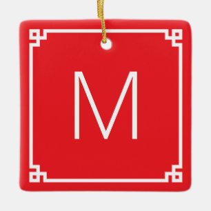 Rode en Witte Griekse Sleutelrand Monogram Foto Keramisch Ornament