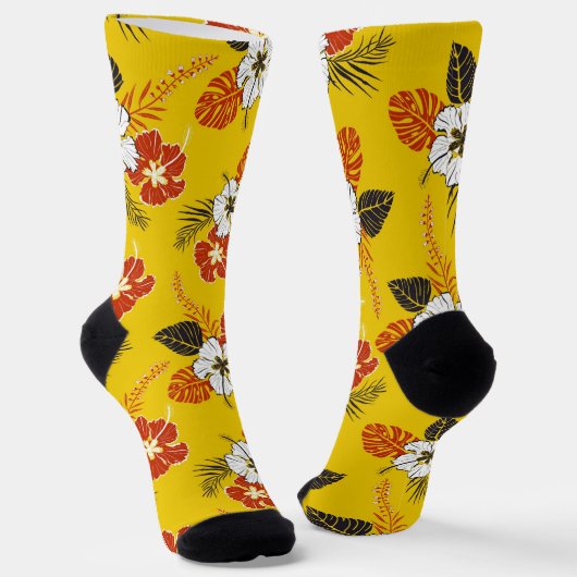 Rode en witte hibiscus op geel sokken (Gebogen)