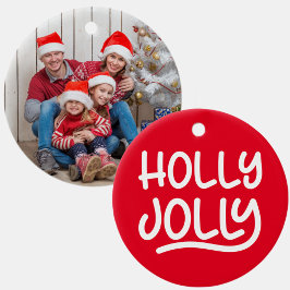 Rode en witte Holly Jolly Typografie Foto Keramisch Ornament