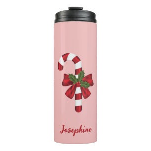 Rode en witte kerst-candy cane en aangepaste naam thermosbeker