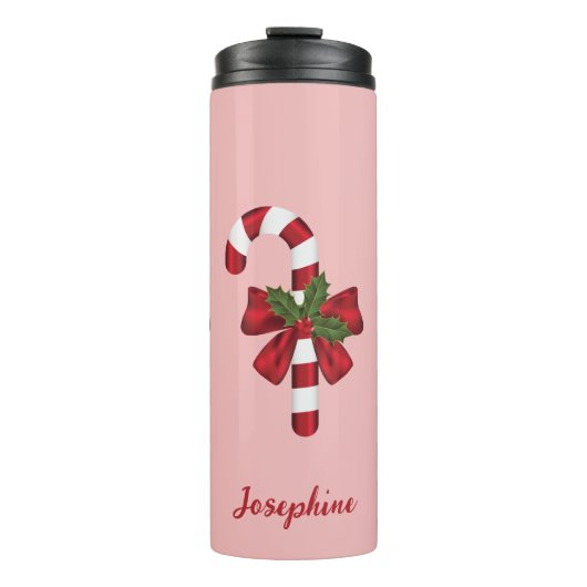 Rode en witte kerst-candy cane en aangepaste naam thermosbeker (Voorkant)