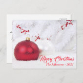 Rode en witte kerstbal-siervoorwerpen briefkaart (Voorkant / Achterkant)
