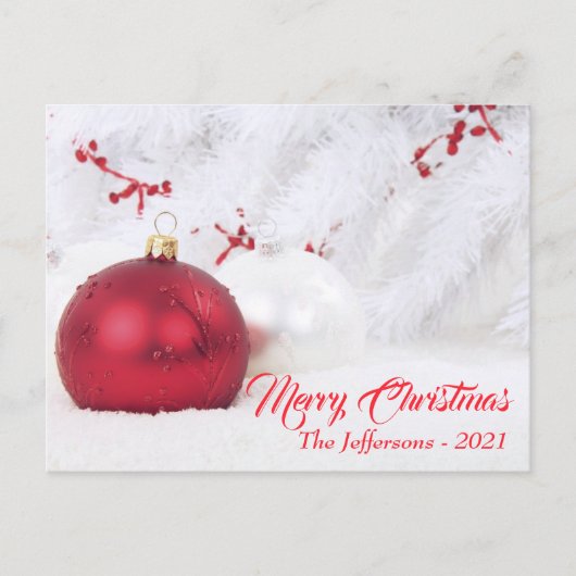 Rode en witte kerstbal-siervoorwerpen briefkaart (Voorkant)