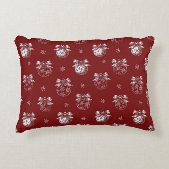 Rode en Witte Kerstbal Toile De Jouy Accent Kussen (Voorkant)