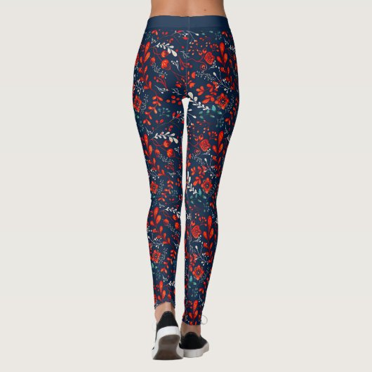 Rode en witte kerstbloemen op donkerblauwe Leggi Leggings (Achterkant)
