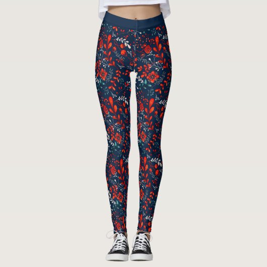 Rode en witte kerstbloemen op donkerblauwe Leggi Leggings (Voorkant)