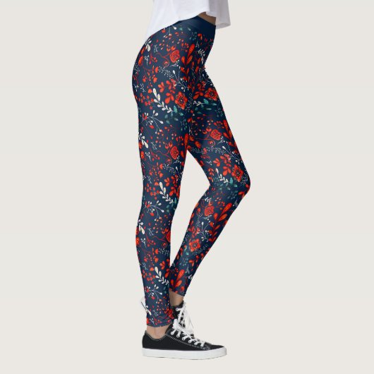 Rode en witte kerstbloemen op donkerblauwe Leggi Leggings (Rechts)