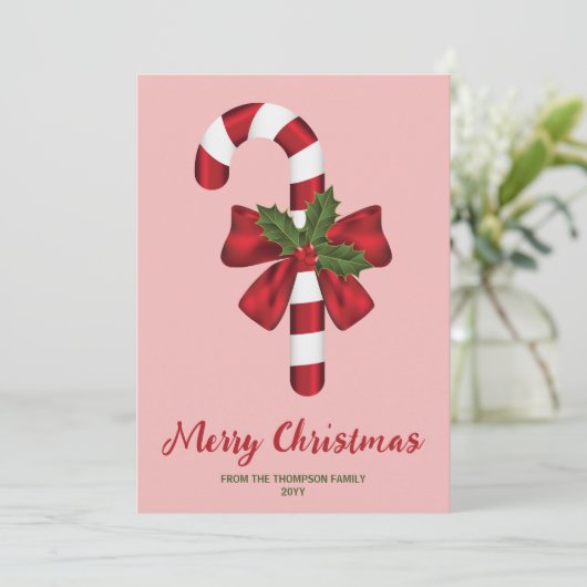 Rode en witte kerstsnoepriet en aangepaste tekst feestdagenkaart (Staand voorkant)