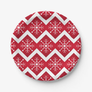 Rode en witte kerstsnowflakes Chevron Pattern Papieren Bordje