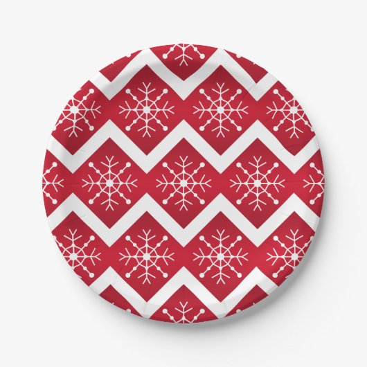 Rode en witte kerstsnowflakes Chevron Pattern Papieren Bordje (Voorkant)
