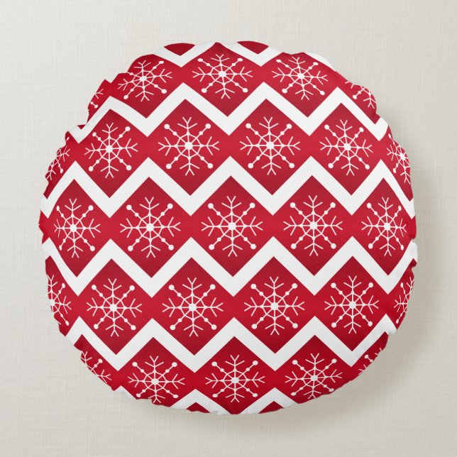 Rode en witte kerstsnowflakes Chevron Pattern Rond Kussen (Voorkant)
