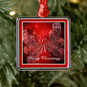 Rode en witte Kerstvlinder Metaal Ornament