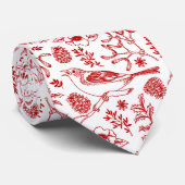 Rode en witte kerstvogels en bladbladeren stropdas (Opgerold)