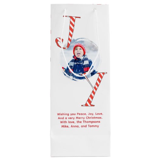 Rode en witte kerstvreugde gepersonaliseerd wijn cadeautas (Achterkant)