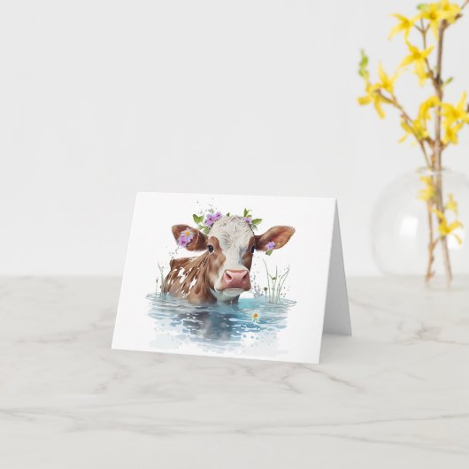 Rode en witte Koe met vijver en bloemenblanco Kaart (Gele Bloem)