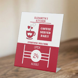 Rode en witte koffie geserveerd dagelijks 24 uur reclamebord met voetstuk