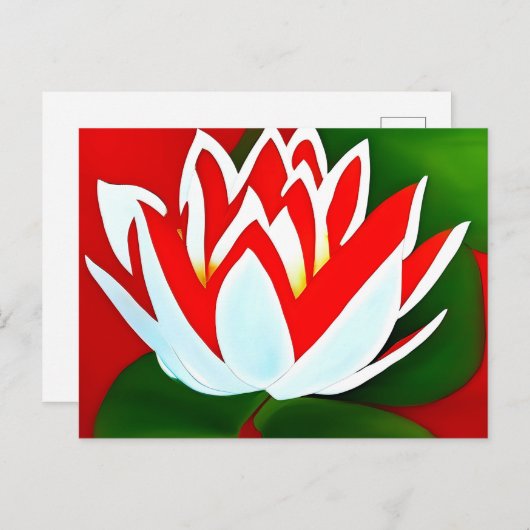 Rode en witte lotusbloem met groene bladeren briefkaart (Voorkant / Achterkant)