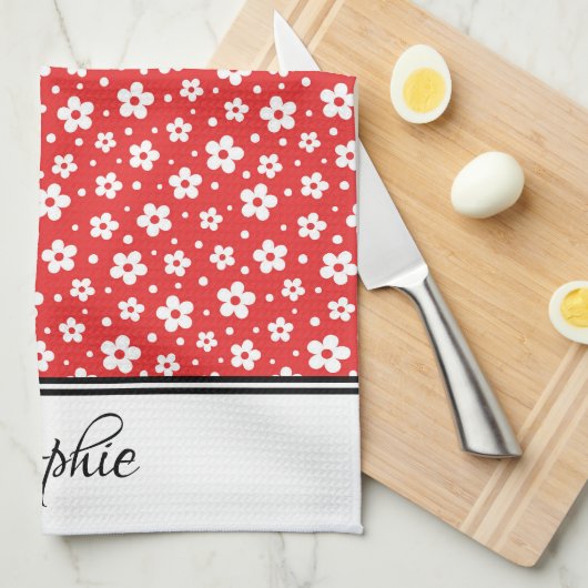 Rode en witte madeliefjes gepersonaliseerd theedoek (Quarter Fold)