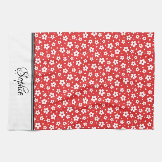 Rode en witte madeliefjes gepersonaliseerd theedoek (Horizontaal)