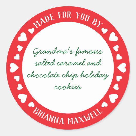 Rode en Witte Moppige Hartjes Gebakken met Liefde Ronde Sticker (Voorkant)