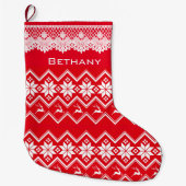 rode en witte noordse sneeuwvlokken en rendieren grote kerstsok (Voorkant)