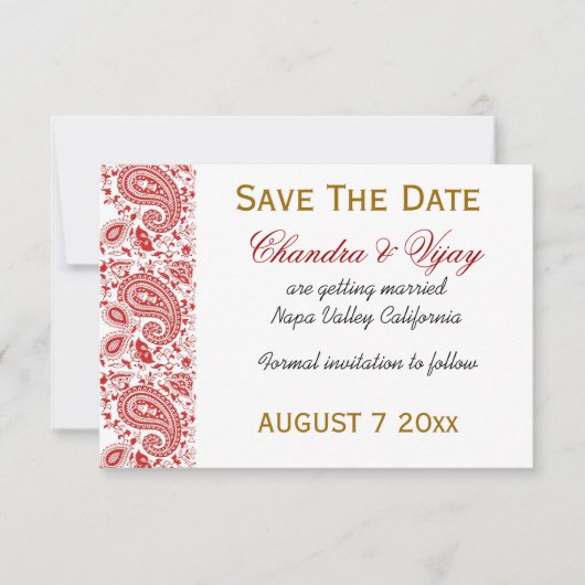 Rode en witte paisley Save the date bruiloft (Voorkant)