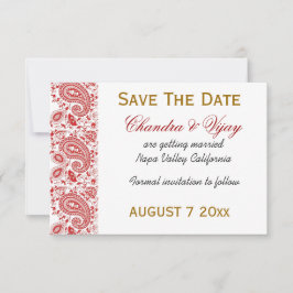 Rode en witte paisley Save the date bruiloft