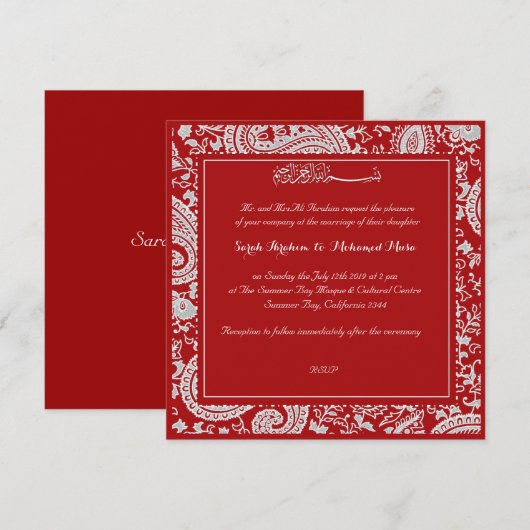 Rode en witte paisleymoslimbruiloft kaart (Voorkant / Achterkant)