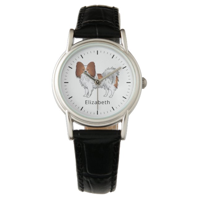 Rode En Witte Papillon Cute Hond Met Aangepaste Na Horloge (Voorkant)