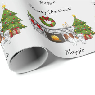 Rode En Witte Papillon Hond In Een Kerst Kamer Cadeaupapier