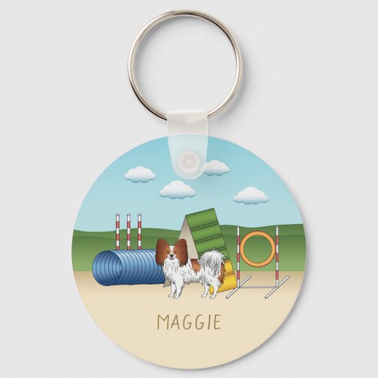 Rode En Witte Papillon Met Agility Apparatuur Sleutelhanger (Voorkant)