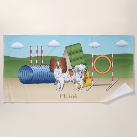 Rode En Witte Papillon Met Agility Apparatuur Strandlaken (Voorkant)