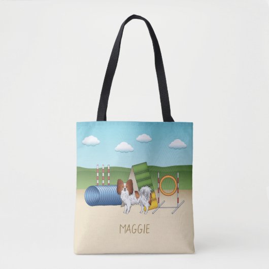 Rode En Witte Papillon Met Agility Apparatuur Tote Bag (Voorkant)