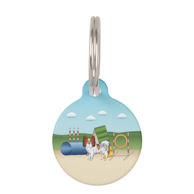 Rode En Witte Papillon Met Agilityapparatuur Huisdierpenning (Voorkant)