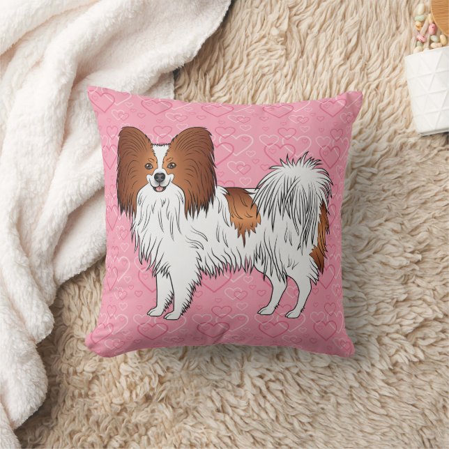 Rode En Witte Papillon Mopshond Op Roze Harten Kussen (Deken)