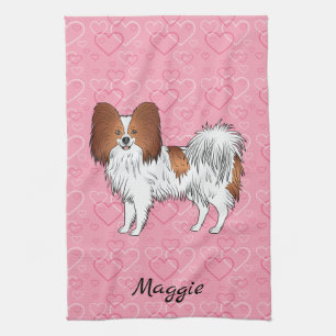 Rode En Witte Papillon Mopshond Op Roze Harten Theedoek