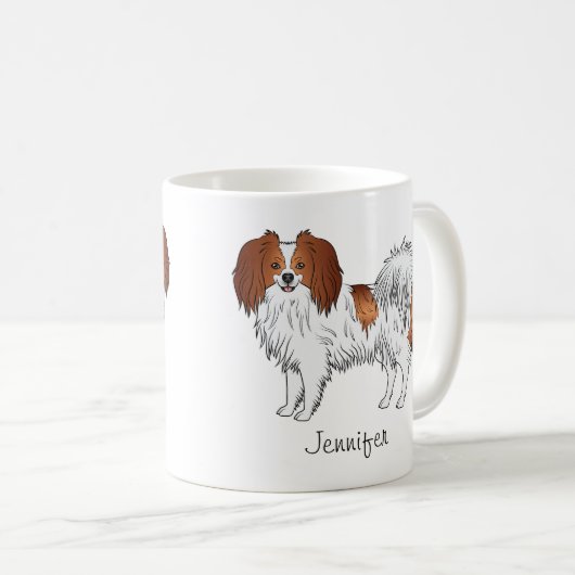 Rode En Witte Phalène Hond Met Aangepaste Naam Koffiemok (Voorkant rechts)
