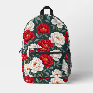 Rode en witte pioenbloemen  bedrukte rugzak
