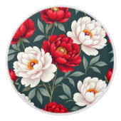 Rode en witte pioenbloemen keramische knop (Voorkant)