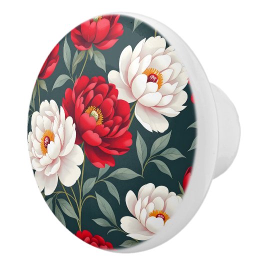 Rode en witte pioenbloemen keramische knop (Rechts)