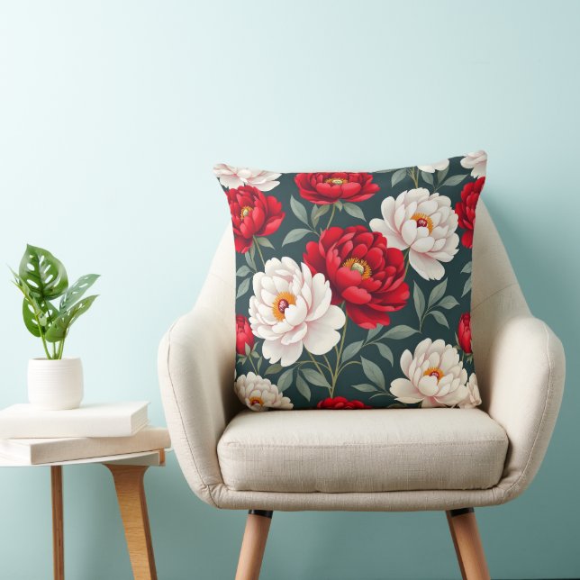 Rode en witte pioenbloemen  kussen (Stoel)