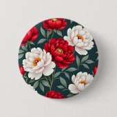 Rode en witte pioenbloemen ronde button 5,7 cm (Voorkant)