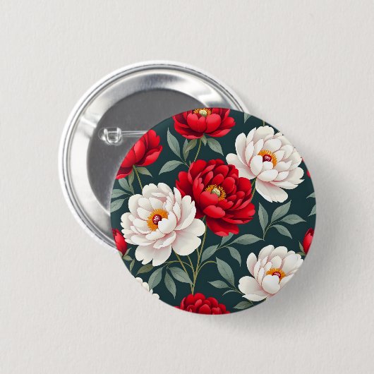 Rode en witte pioenbloemen ronde button 5,7 cm (Voorkant /achterkant)