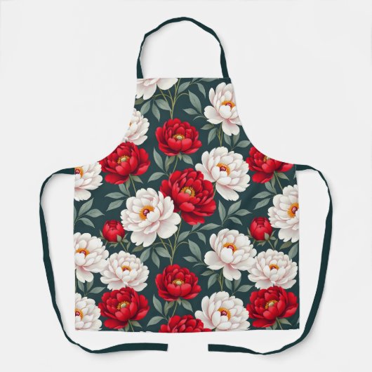 Rode en witte pioenbloemen schort (Voorkant)