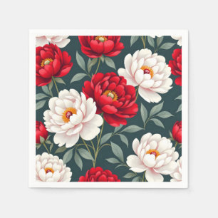 Rode en witte pioenbloemen  servet
